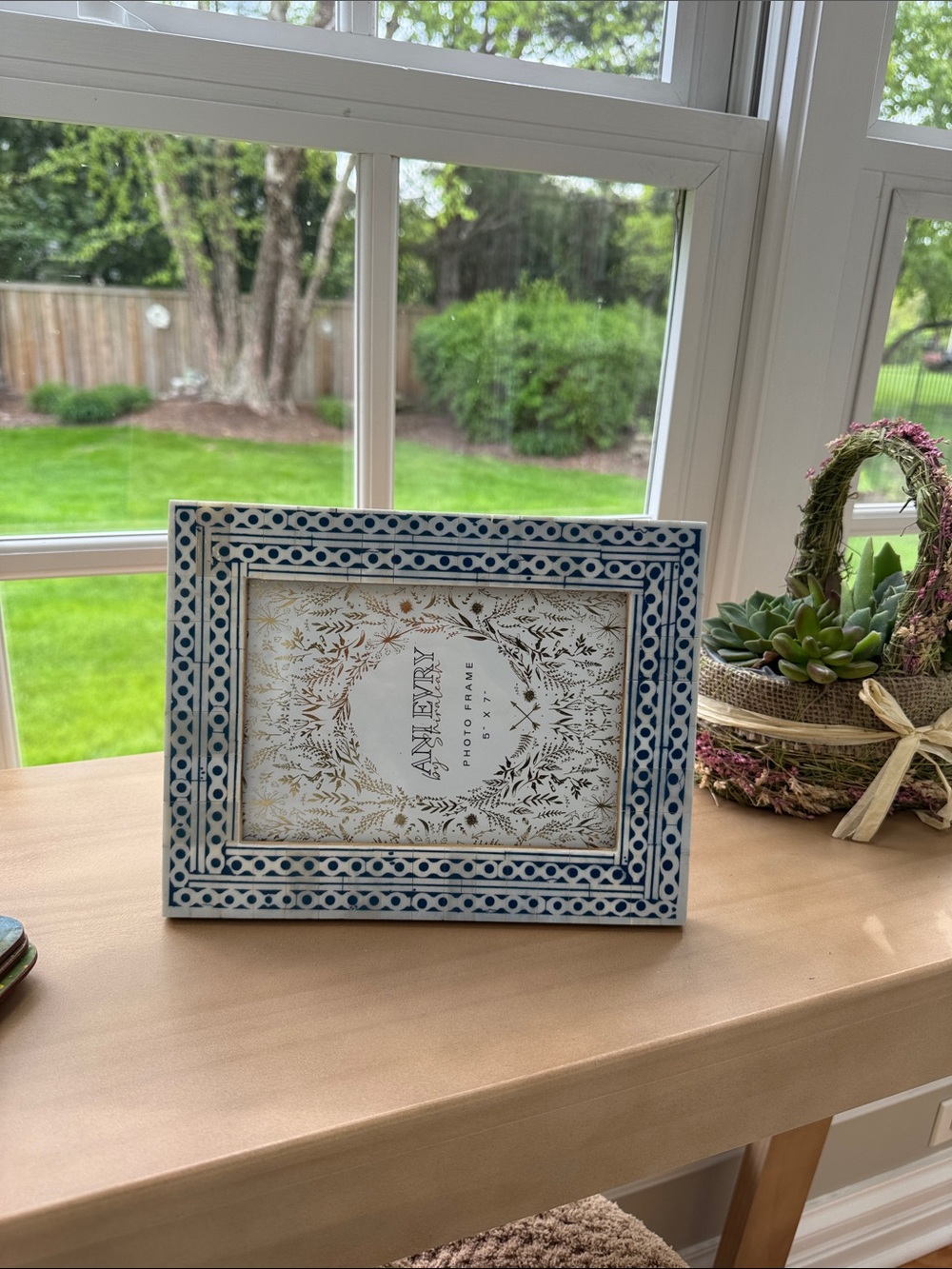 5x7 photo frame by Ani Evry Shiraleah, blue and white tiled bone inlay design.